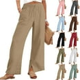 thumbnail image 3 of Nestiefly Linen Pants for Women Cotton Casual Summer Wide Leg Drawstring Elastic Trousers Side Split Beach Vacation Clothes Khaki 3XL, 3 of 7