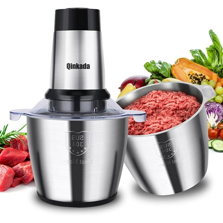 Food Processor with 14 Cup Capacity, 2 Stainless Steel Bowls, 500W Motor, 3 Speed Modes, and 4 Bi-Level Blades