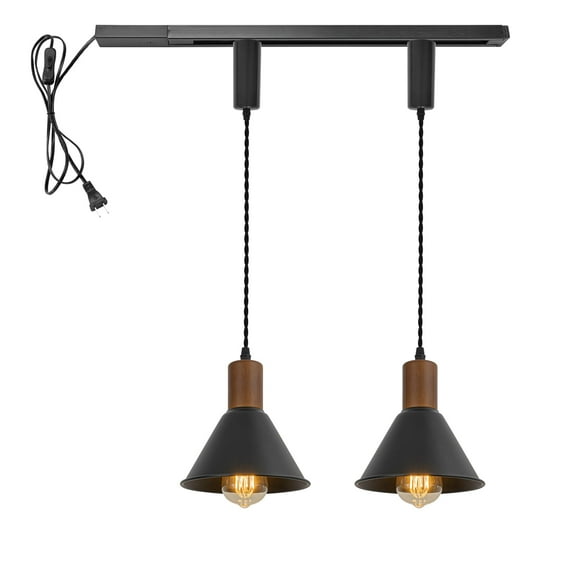 KAYYELAMP H-Type Track Light Set 1 Track Rail with Plug Outlet Cable, 2 Track Pendant 3.2 Ft Adjusted Cord Walnut Base Black Metal Shade Vintage Design for Kitchen Bar Loft(No Bulb)