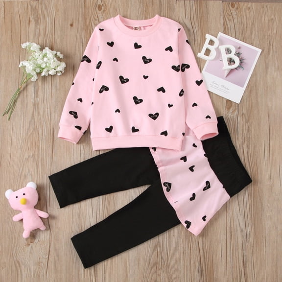 Linfrsh Little Girls Outfits Clothes Toddler Long Sleeve Heart Print Hoodie Shirts Top Leggings Kids Clothing Set Pink,4-5 Years