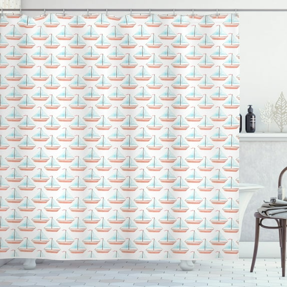 Sailboat Shower Curtain, Nautical Illustration of Watercolored Marine Theme Toy Sailboats, Fabric Bathroom Set with Hooks, 69W X 75L Inches Long, Burnt Sienna and Baby Blue, by Ambesonne