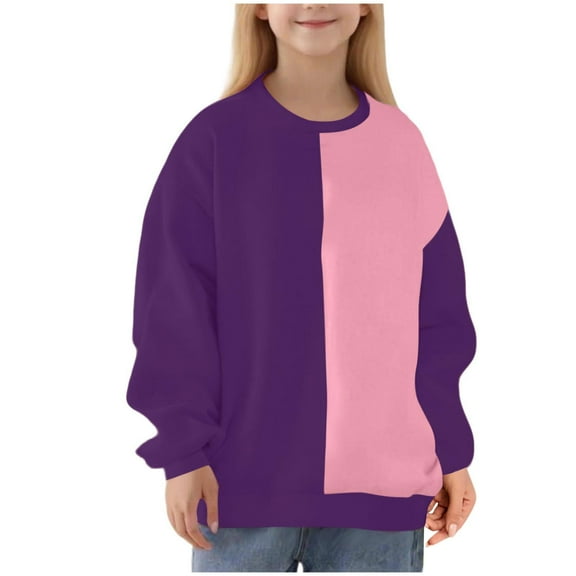 Hduncf Girls Sweatshirts Kids Crewneck Color Block Trendy Pullover Tops Fleece Long Sleeve Casual Sweatshirt Purple 3 Years