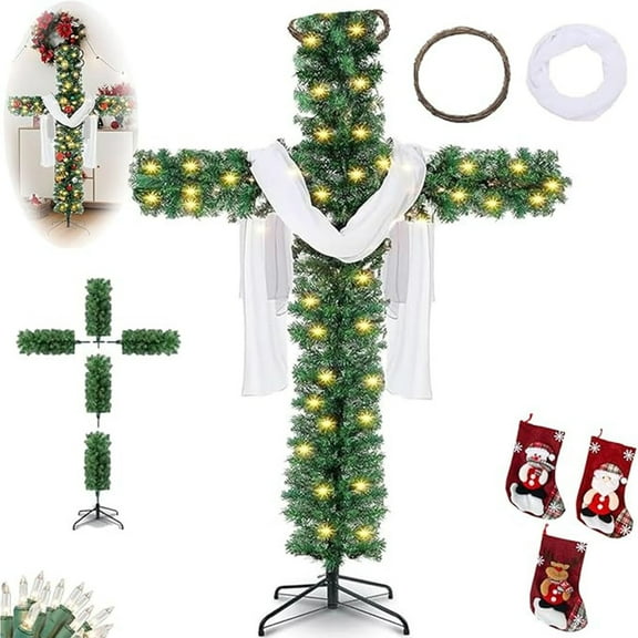Japceit Cross Christmas Tree with Lights, Artificial Holiday Tree with LED Twinkling, Staked Indoor and Outdoor Decoration for Home, Party Seasonal Display