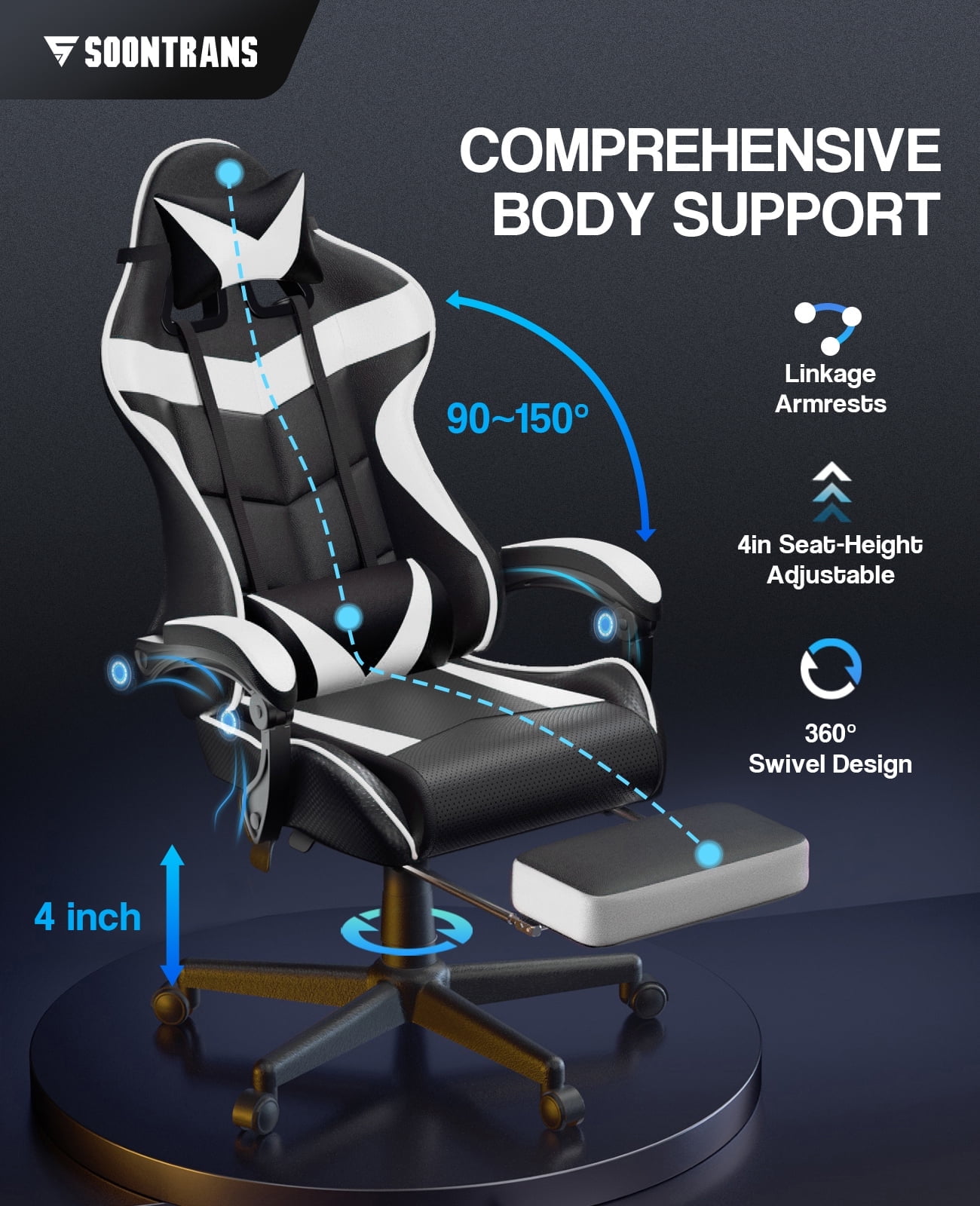 Soontrans Gaming Chair Office Chair, Massage Computer Chair with Adjustable Headrest & Lumbar Support & Footrest, Ergonomic High Back Game Gamer Chair for Adults Kids, Blue