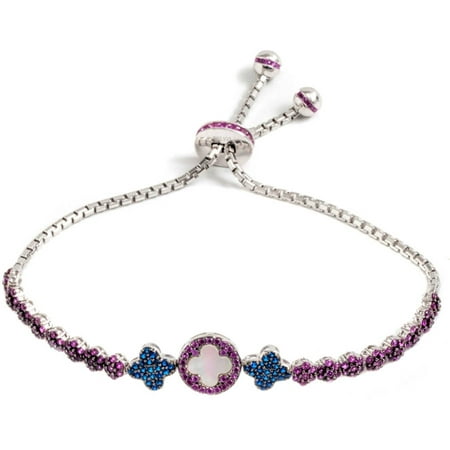 Pori Jewelers Pink and Blue CZ Sterling Silver Clover Friendship Bolo Adjustable Bracelet