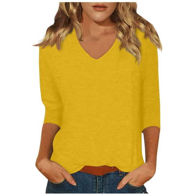 DENGDENG Womens 3/4 Sleeve Tops Plus Size Summer V Neck T Shirts Spring Elbow Casual Blouse Solid Color Three Quarter Length Shirts Boho Work Clothes Yellow M
