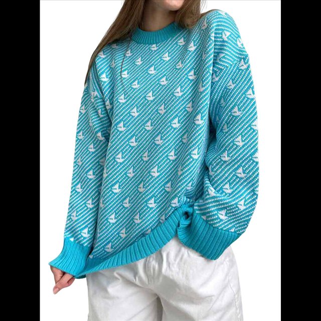 Suéter de Larga para Mujer, Suéteres Cortos de Gran Tamaño de Otoño, Tops de Punto con Cuello Redondo y Estampado de Velero Informal Lago Azul L