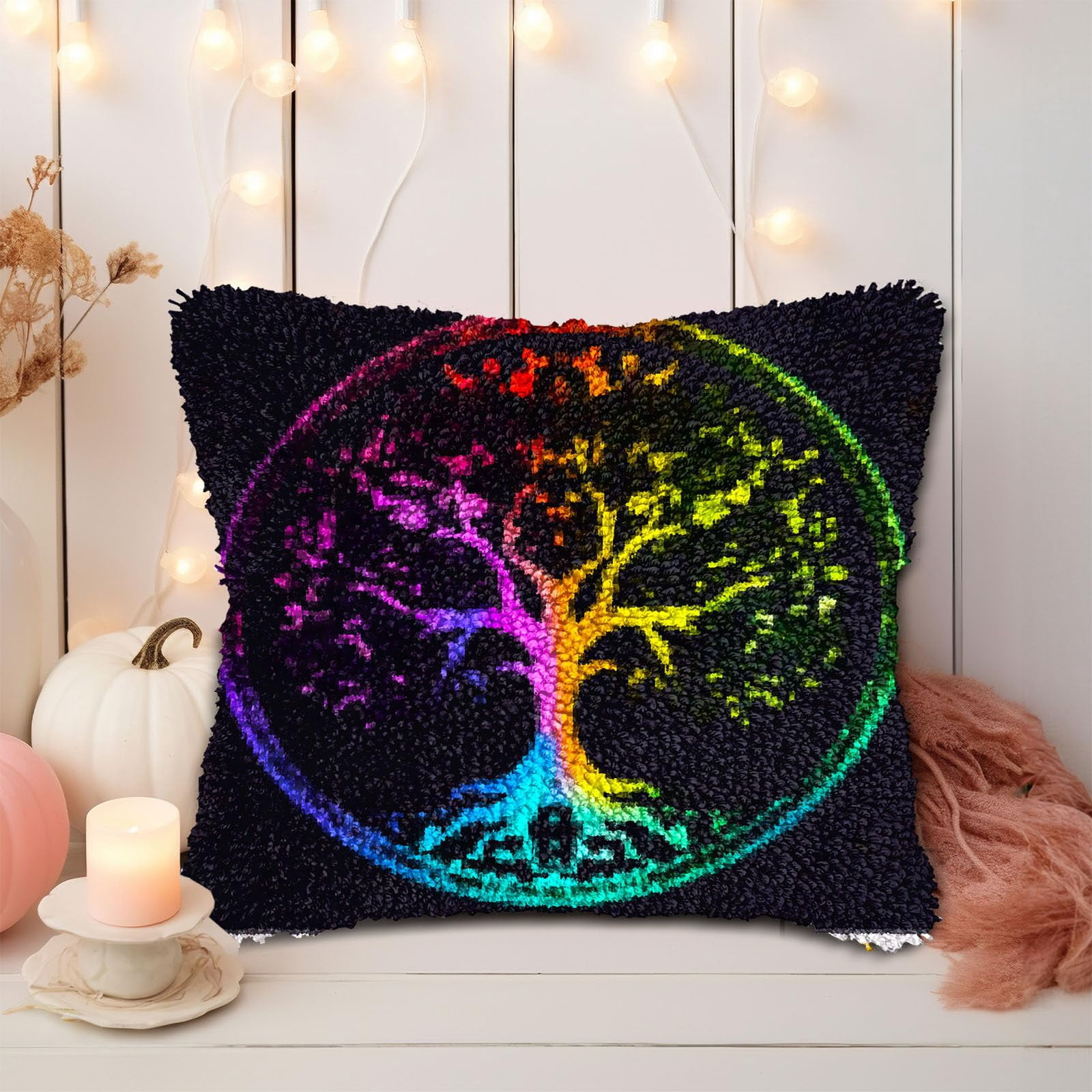 Colorful Tree Shining Sky DIY Latch Hook Pillow Kits for Adults Printed Pillowcase Crochet Yarns Hooking Handmade Pillow Cover Cushion for Home Sofa Decoration 17x17inch(4)