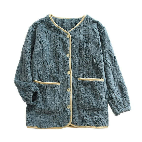 Bovxnpu Women's Pajama Tops Sleep Shirt, Women's Plus Size Winter Thickened Color Blocked Button Down with Pockets Long Sleeve Fleece Lined Homewear Sleep Top Sleepwear Loungewear
