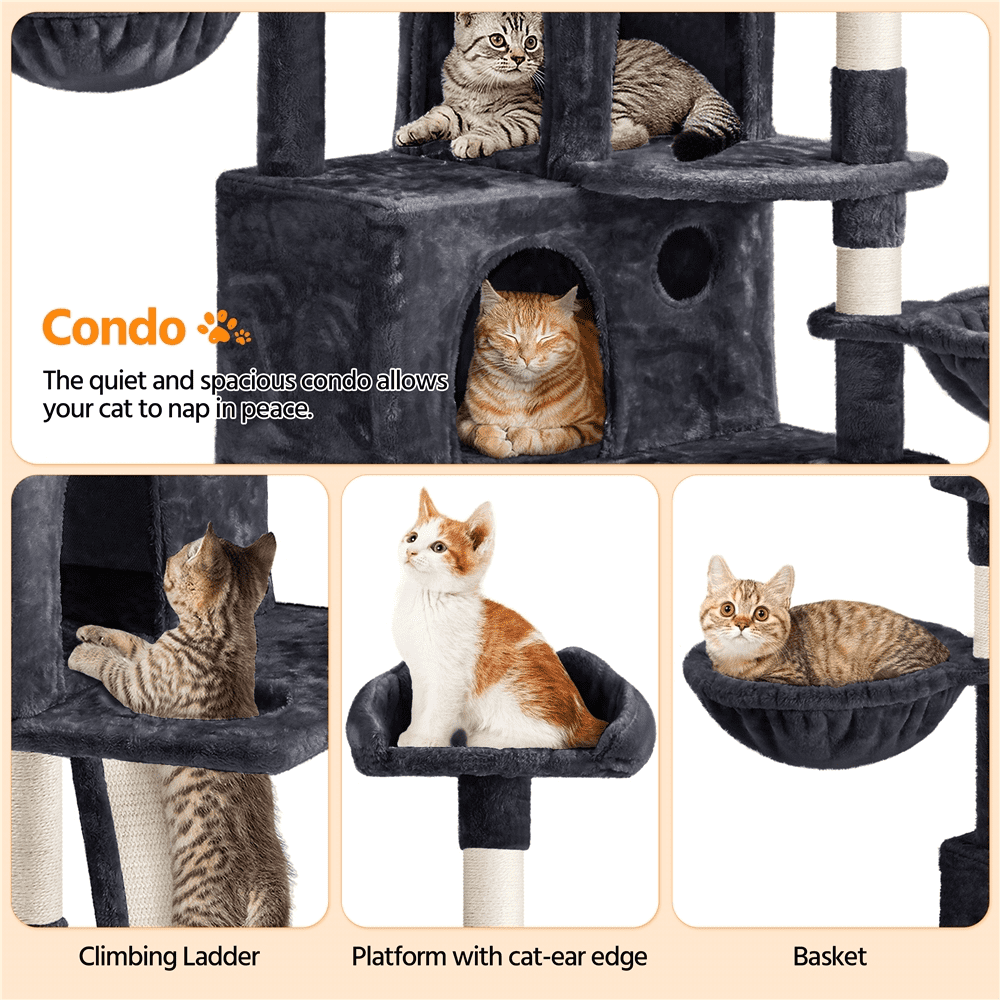 Alden Design 76.5" H Large Cat Tree Tower with 3 Condos Cozy Perches Dangling Ball, Black