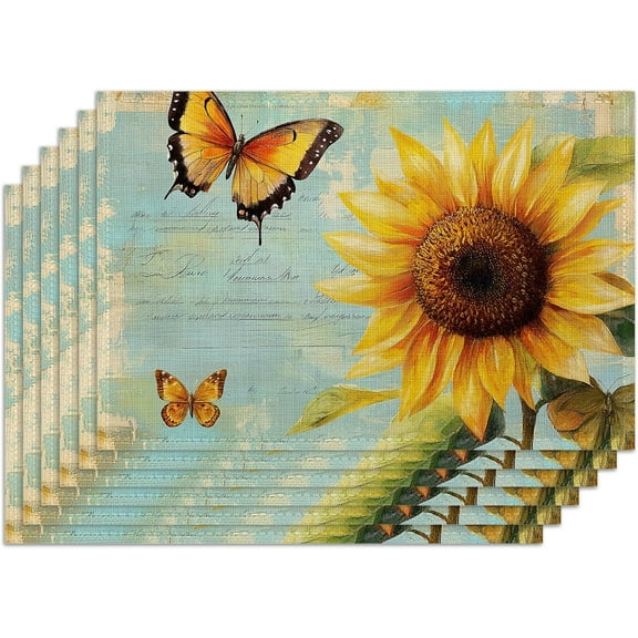Vintage Sunflower Placemats, Set of 6 Watercolor Butterfly Heat-Resistant Fabric Placemats,Decorative Table Mats for Dining Room Kitchen Party Holiday 12x18 Inch