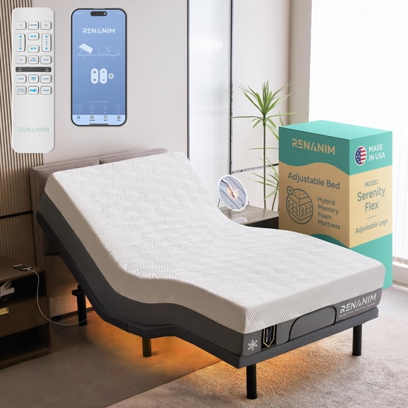 Renanim SF Adjustable Bed Frame with Mattress Included Massage - Twin XL Adjustable Bed   Medium Mattress - Cooling Gel Memory Foam Mattres, USB, UnderBed Light Zero Gravity Electric Base