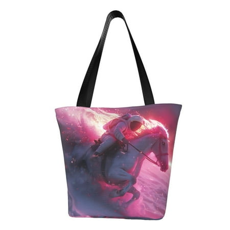 Lsque Astronaut Riding Fiery Horse Pattern Beach Tote Shoulder Handbag Spacious Tote Bag Lightweight Travel Bag Versatile Shopping Bag
