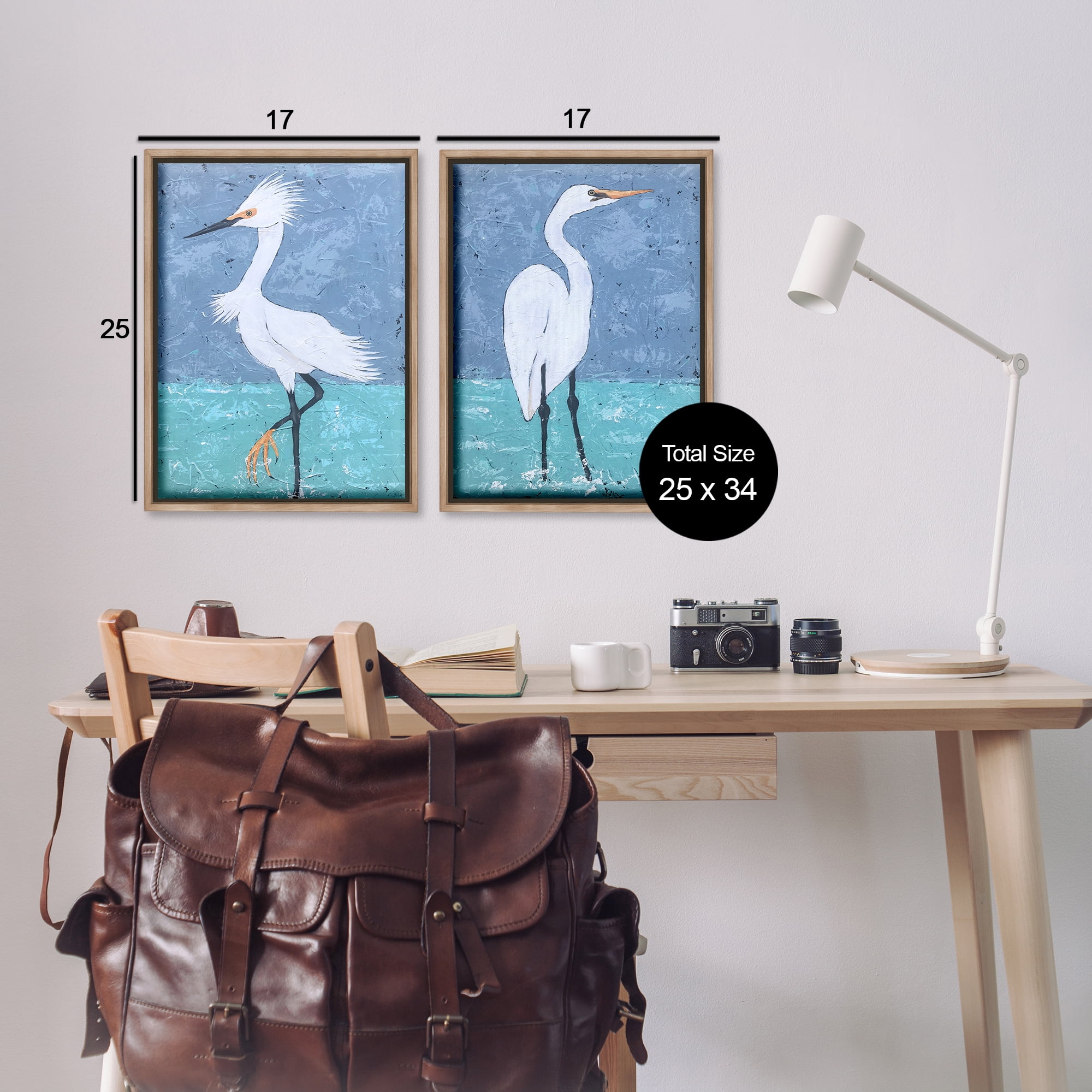 Stupell Industries Snowy Egret Pond Animals Painting Brown Floater Framed Canvas Art Print Wall Art, 17 x 25, Set of 2