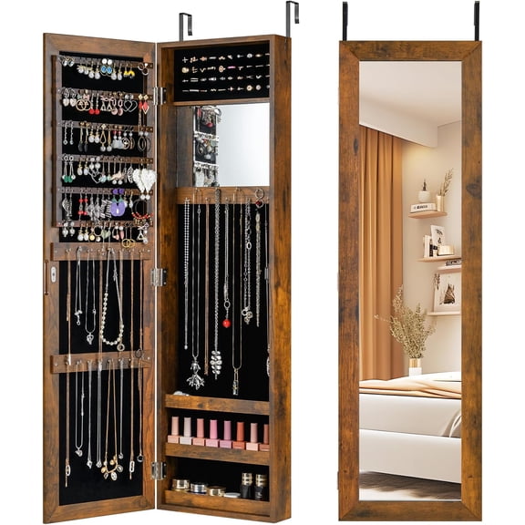 HWong Full Length Mirror Jewelry Armoire, Wall Door Mounted Jewelry Cabinet Organizer with Makeup Mirror, Ring Slots and Necklace Hooks for Bedroom, Dressing Room (Rustic Brown)