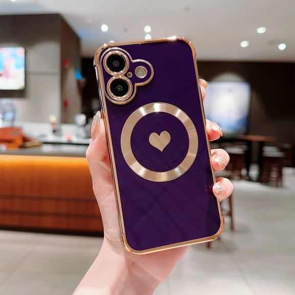 For iPhone 16 Plus Cute Love Heart Pattern Phone Case for Women Girls,Compatible with Magsafe Wireless Charging,Luxury Plating Edge Soft Silicone Shockproof Slim Phone Case,Darkpurple