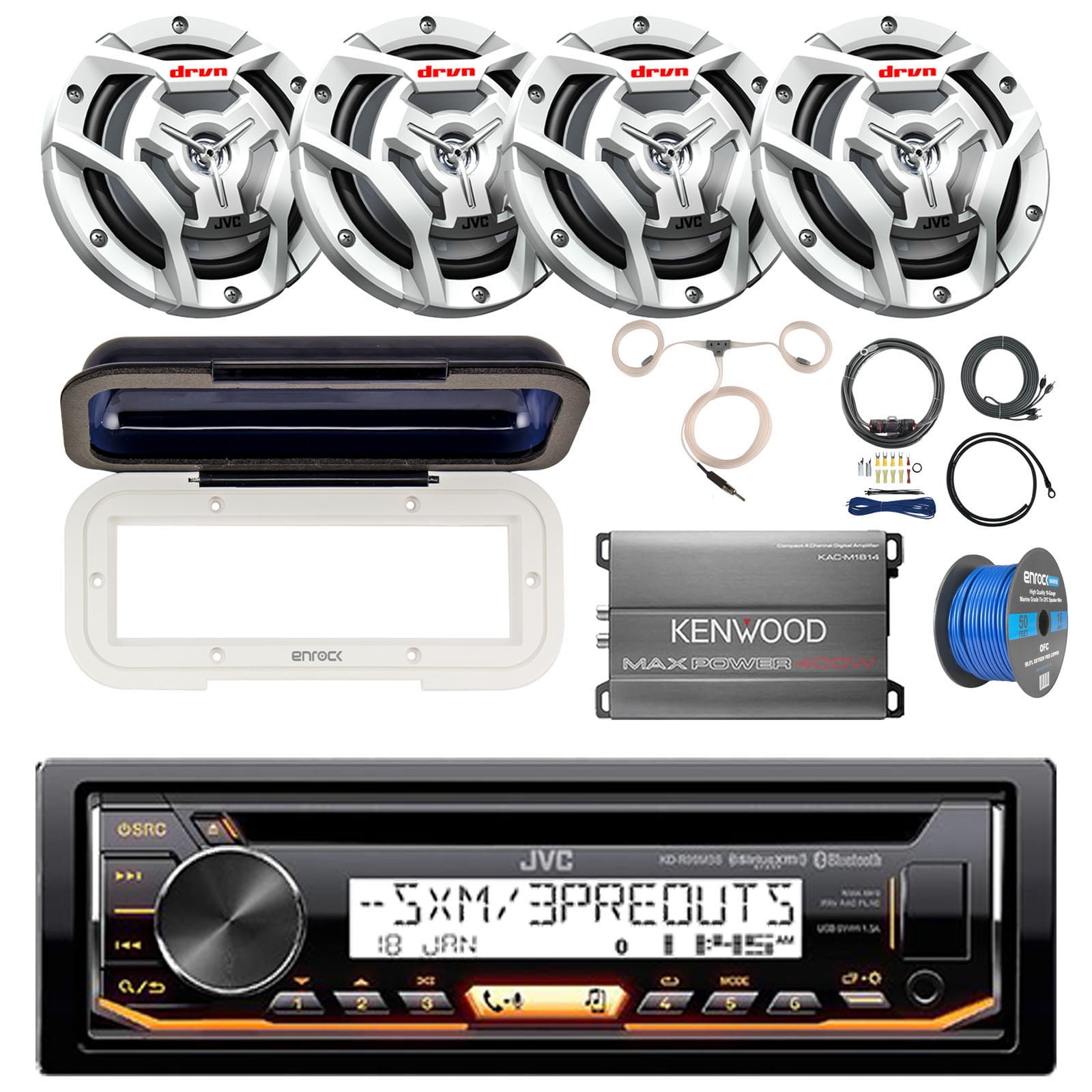 Pontoon Boat Audio Package JVC KDR99MBS Marine Bluetooth CD Receiver