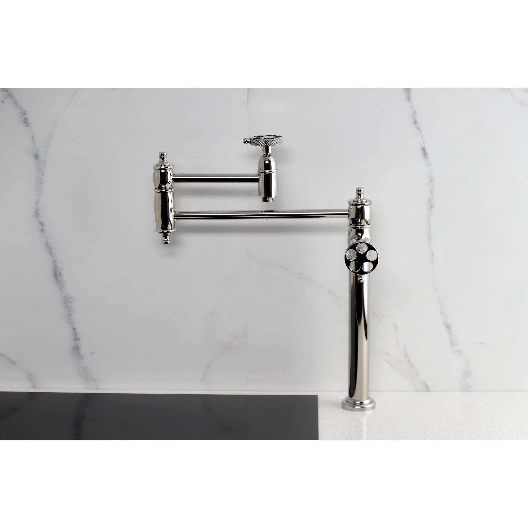 Kingston Brass KS3706RKX Webb Deck Mount Pot Filler Faucet with Knurled Handle, Polished Nickel