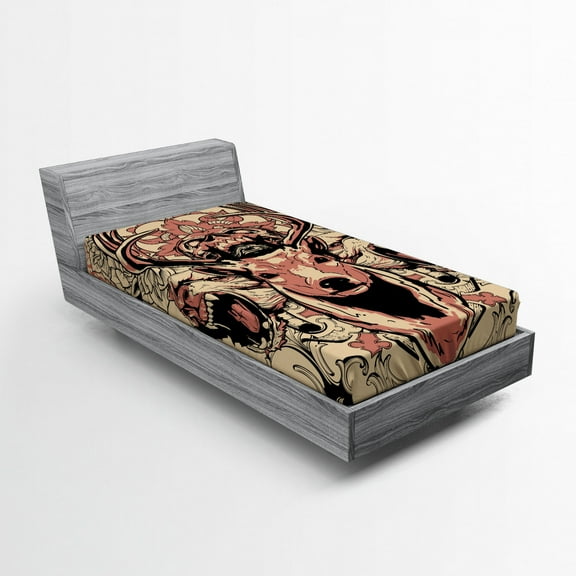 Ambesonne Antler Fitted Sheet, Floral Skull and Wolves, Twin XL Size, Black Beige Pink