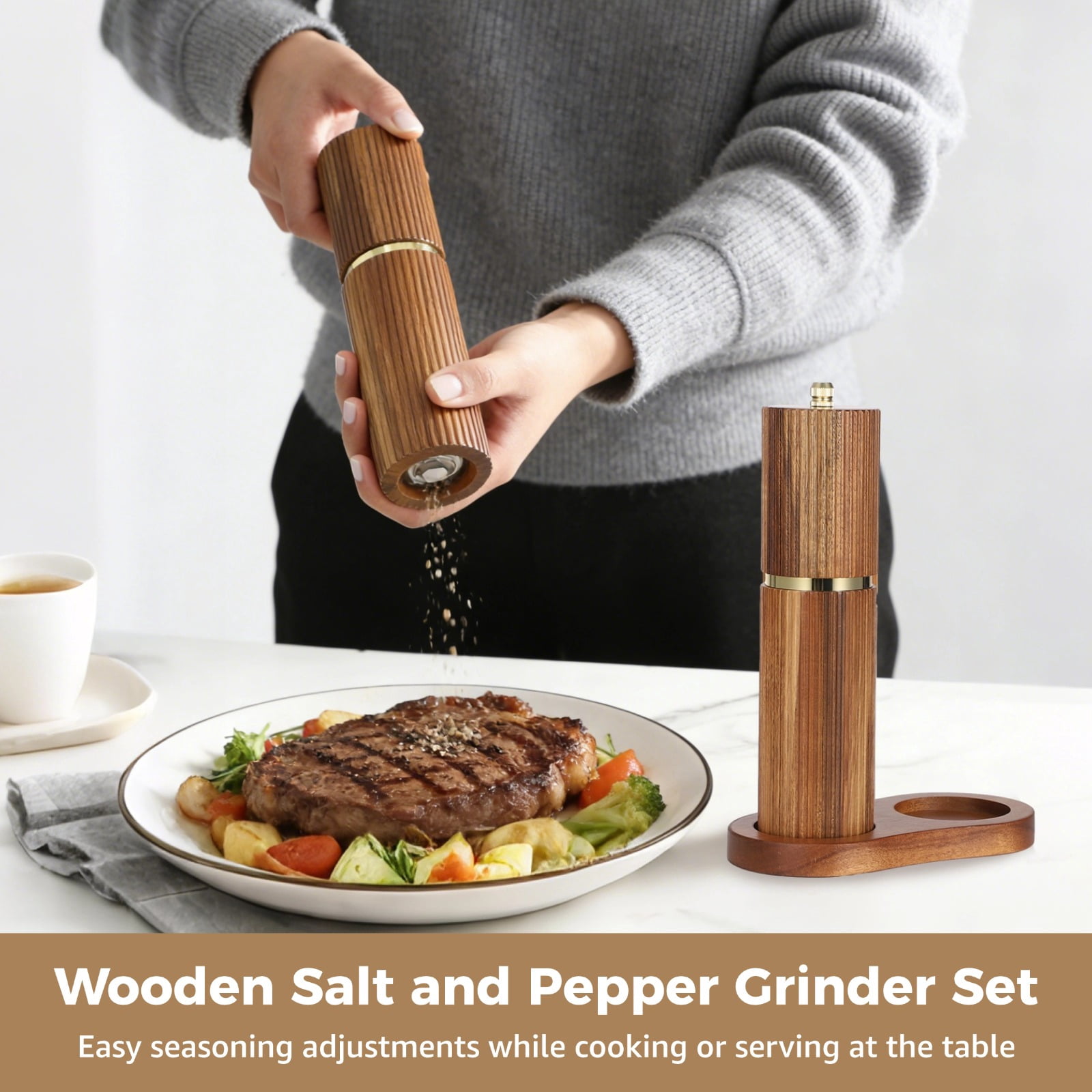 Wooden Salt and Pepper Grinder Set, Adjustable Manual Pepper Mill and Salt Grinder with Wood Tray, Refillable Natural Wood Seasoning Mills for Kitchen Dining Table