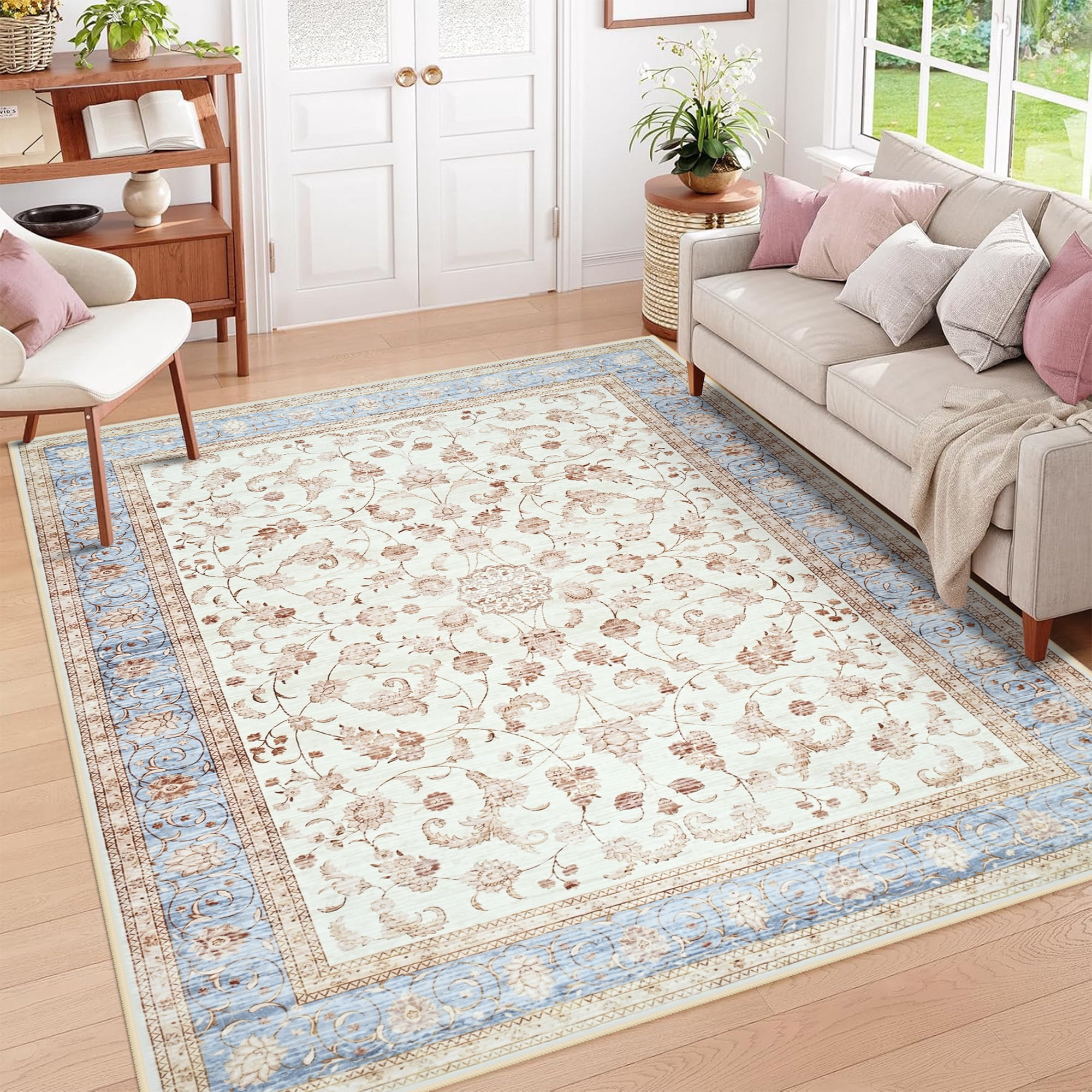 Astorug 4x6 Ft Beige Floral Area Rug - Machine Washable Low Pile Non-Slip Carpet, Boho Vintage Farmhouse Decor for Living Room, Bedroom, Nursery & Office