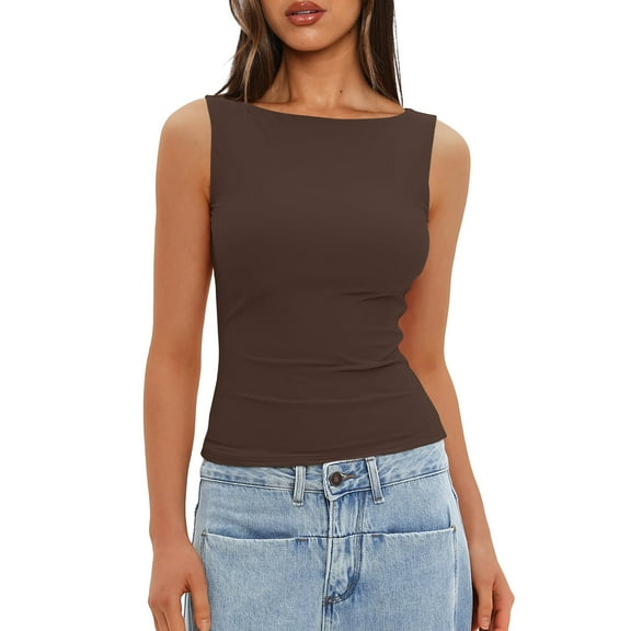 Tops For Women 2025, Sleeveless Sexy Slim Tank Tops With Built In Bras Solid Color Pullover Long Sleeve Workout Tops 3/4 Tops Plus Size Going Out Tops White Tops (XXL, Brown) ZMTing