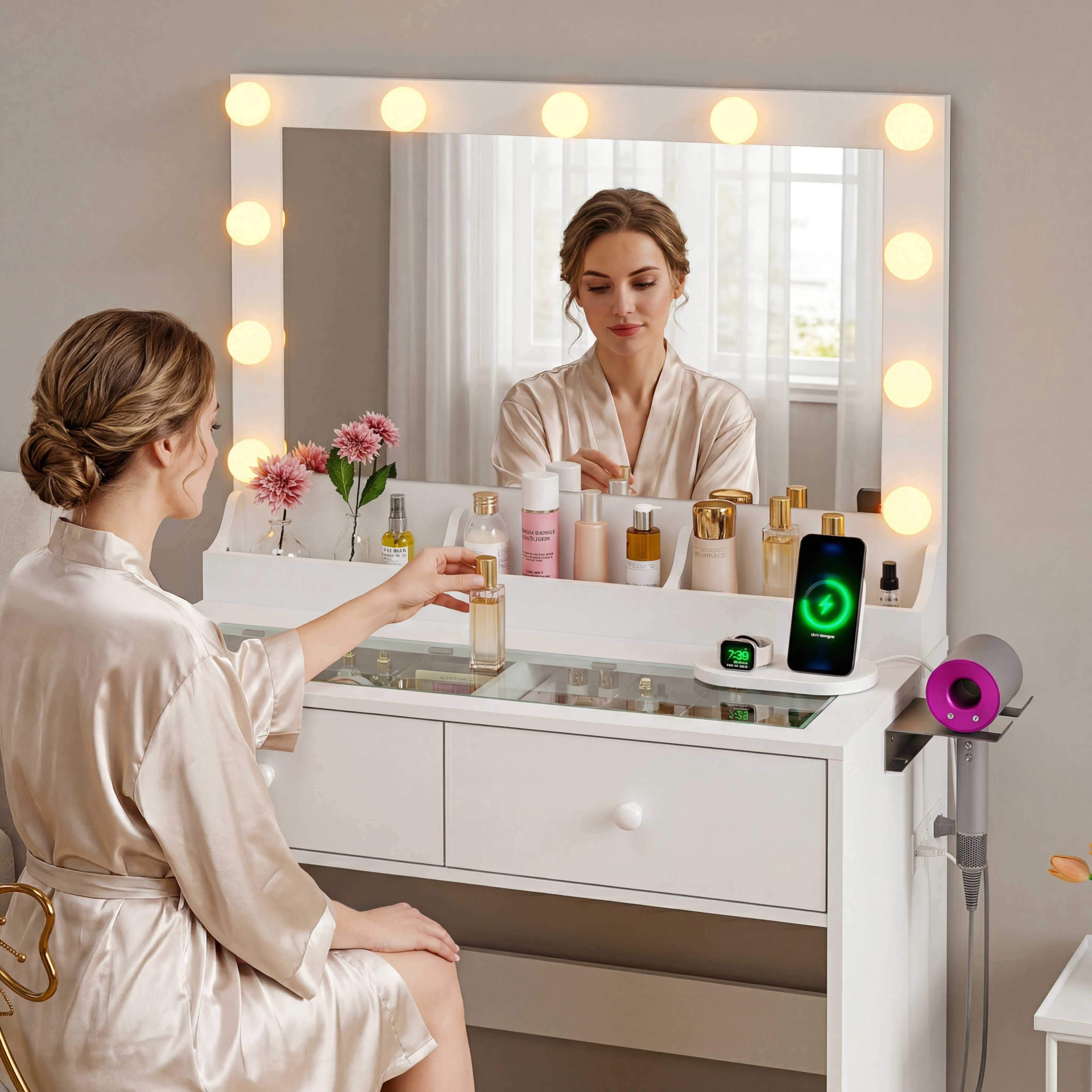 Zimtown Vanity with Mirror and Light, Makeup Desk  with Charging Station and Storage, Dressing Table with Hair Dryer Rack for Bedroom, White