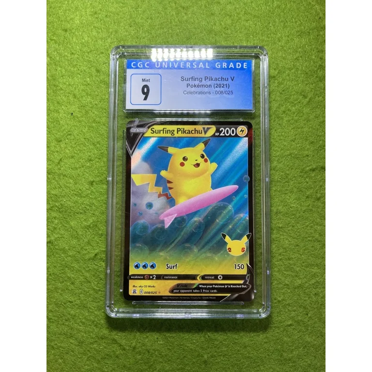 surfing pikachu v pokemon card Pokmon Celebrations V, 25th Anniversary Full Art Rare Holo + Surprise Card! : Toys & Games Preserved in a tamper Pikachu SURFING POKEMON CARD CELEBRATIONS