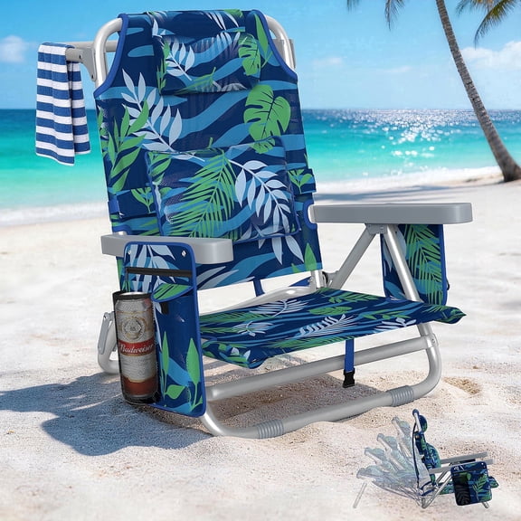 DKMOCO Backpack Beach Chair Folding Camping Chair for Adults, Portable Outdoor Lounge Chair with Cup Holder for Outside Lawn Patio, Heavy Duty 6-Position Reclining, Leaf Blue-Green