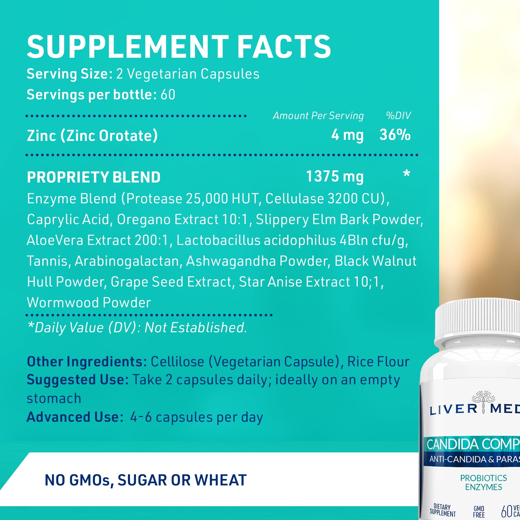 Liver Medic Candida Complex Digestive Enzymes, Enzymes for Digestion and Candida Cleanse, Non-GMO Probiotic with Herbs, Caprylic Acid, and Grape Seed Extract. (60 Vegetarian Caps)