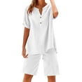 thumbnail image 2 of Women Casual Cotton Linen Sets Summer Loose Two-Piece Button V Neck Tops Rolled Cuff Tunic Shirts Mid-Rise Drawstrings Shorts Knee Length Pants Summer Trendy Outfits, 2 of 4