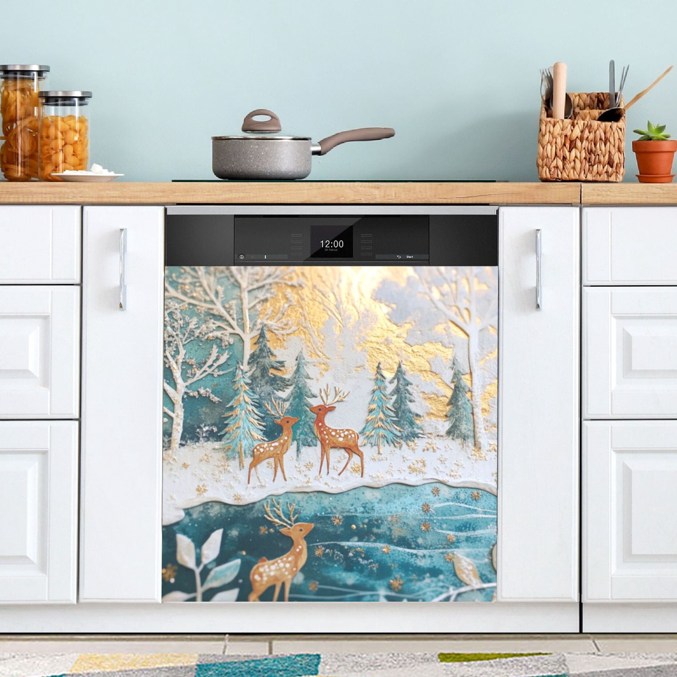Dishwasher Magnetic Sticker 23x26 Inch Refrigerator Magnetic Sticker Washing Machine Magnetic Sticker Kitchen Panel Magnetic Sticker Home Decor Christmas Deer in The Snow