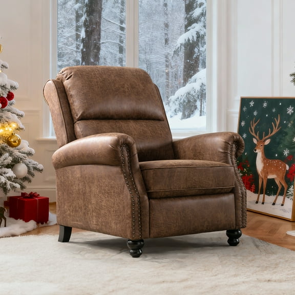 Bonzy Home Pushback Recliner Chair Leather Recliner Chair Push Back Armchair - Studded Accent Sofa for Living Room 350lbs Capacity,Brown