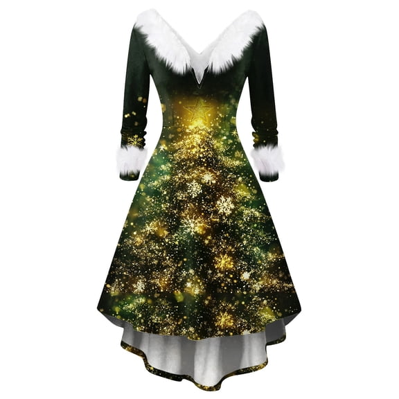 Women's Fashion V-Neck Casual Slim Printed Party Long Sleeve Dress, AI Christmas Print, Plush Trim, Holiday Dress, Retro Style, Festive,Army Green,2XL