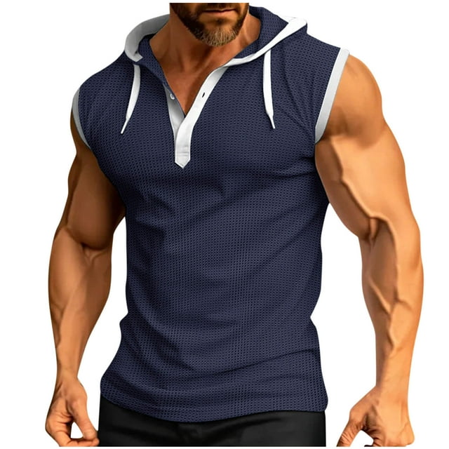 Posijego Knit Tank Top for Men Hooded Drawstring Button Sleeveless Tanks Athletic Workout Muscle Shirts