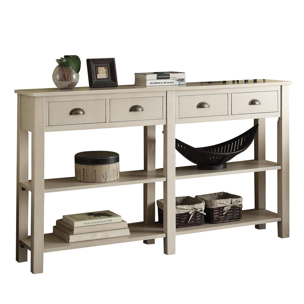 Rustic wooden console table with 4 drawers and 2 bottom open shelves