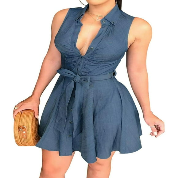 Women‘s Sleeveless Denim Deep V Neck Dress Sashes Empire Short Mini Dresses Sexy Bodycon Club Wear Vestido