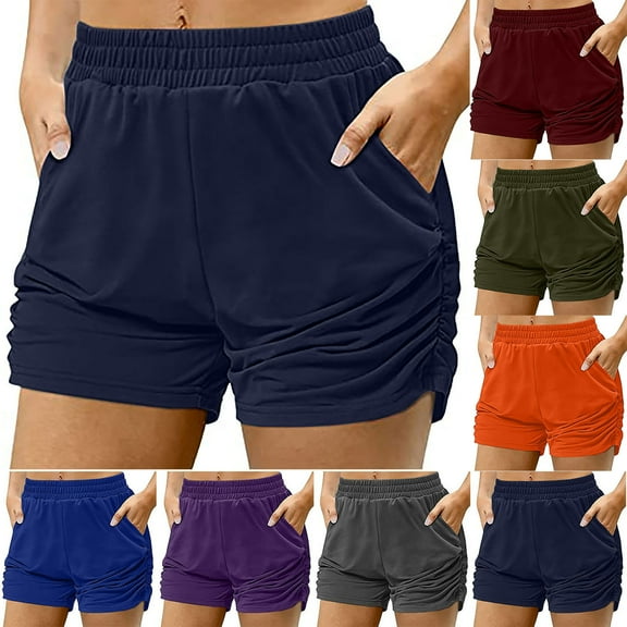 AGWOLF Women's Workout Shorts Elastic Waist Shirred Running Short Solid Color Summer Plus Size Athletic Gym Shorts with Pockets