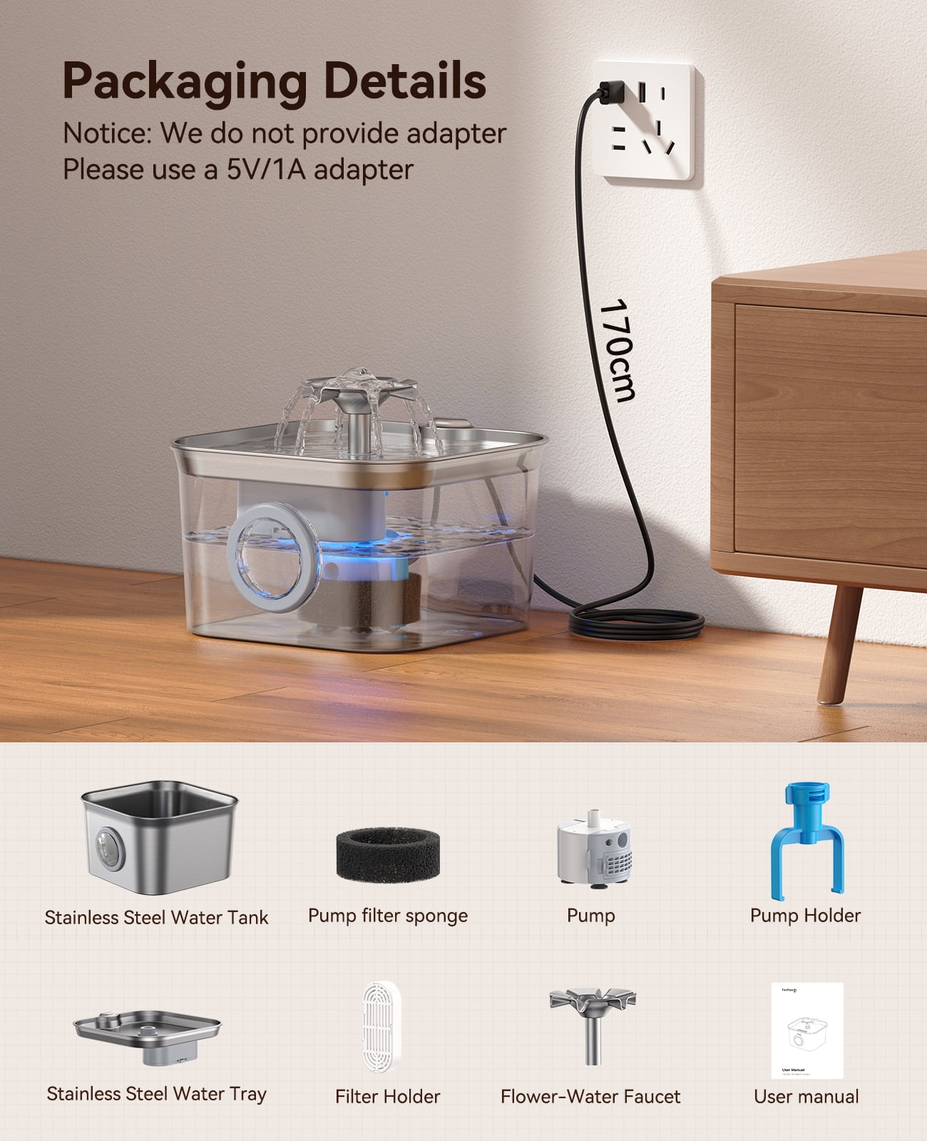 FeelNeedy Cat Water Fountain, 2.8L/95oz Stainless Steel Cat Fountain with 3 Filters, Ultra-quiet Automatic Pet Water Dispenser for Cats Indoor