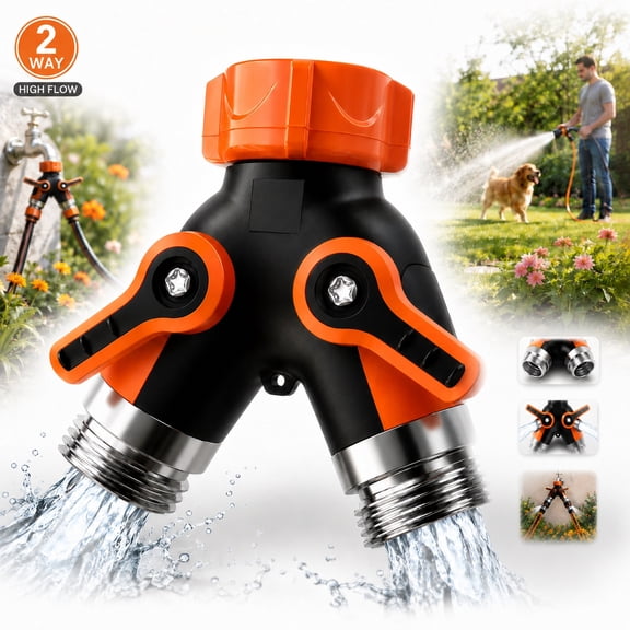 Rongsi 2 way hose splitter, Hose Splitter, Two Way Garden Hose Splitter, High Flow Spigot Faucet Bib Adapter, Solid Double Y Shut Off Valve for Outdoor Gardening Hoses, Orange