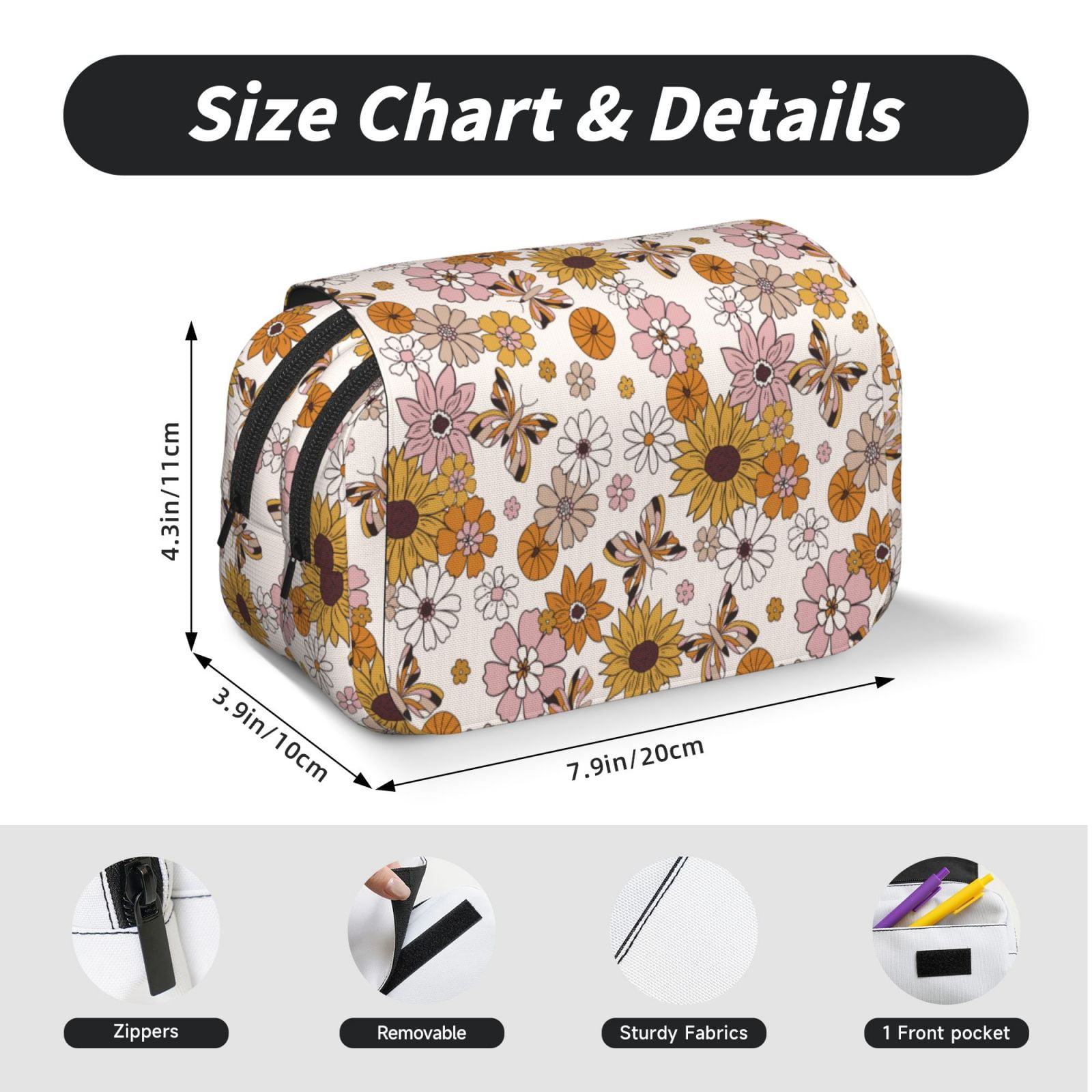Rateoe Sunflowers And Butterflies Pattern Double Clamshell Pen Case, Storage Organizer with Two Zipper Compartments– Holds Up to 50 Pencils & Pens