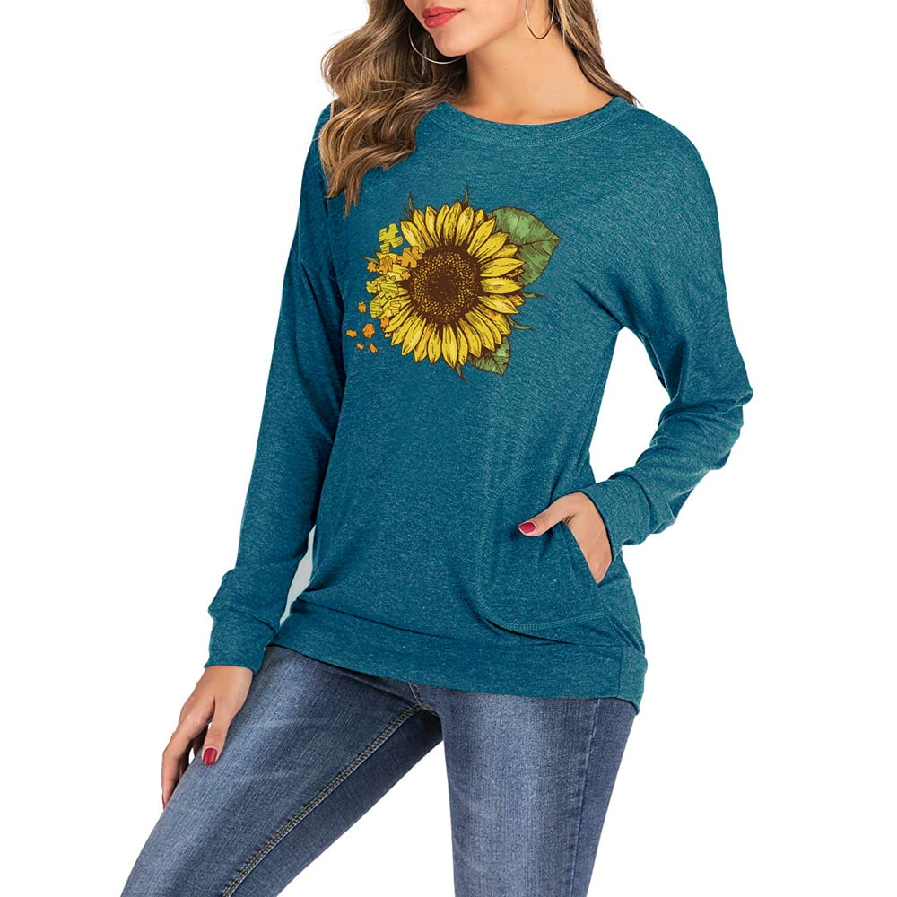 Kaitobe Womens Tops Long Sleeve O Neck Sunflower Print Casual Loose Tunic T Shirt Blouse Tops Pullover Sweatshirts