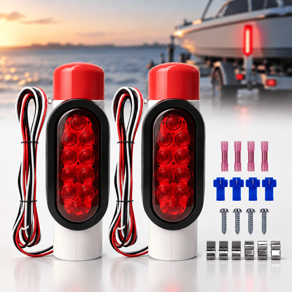 2-Pack Boat Trailer Guide Pole Lights, Red Oval Tail Lights, Brake Turn Running Lights with Wiring & Installation Accessories, DOT Compliant, for Marine Fishing, Trailer, Boat