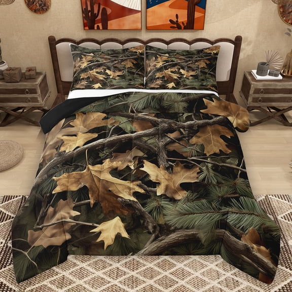 Homewish Maples Leaves Bedding Comforter Set,Country Plant Branch Twin Comforter Sets,Green Brown Bedding Set For Adults,Breathable Home Decor Reversible,2 Pieces