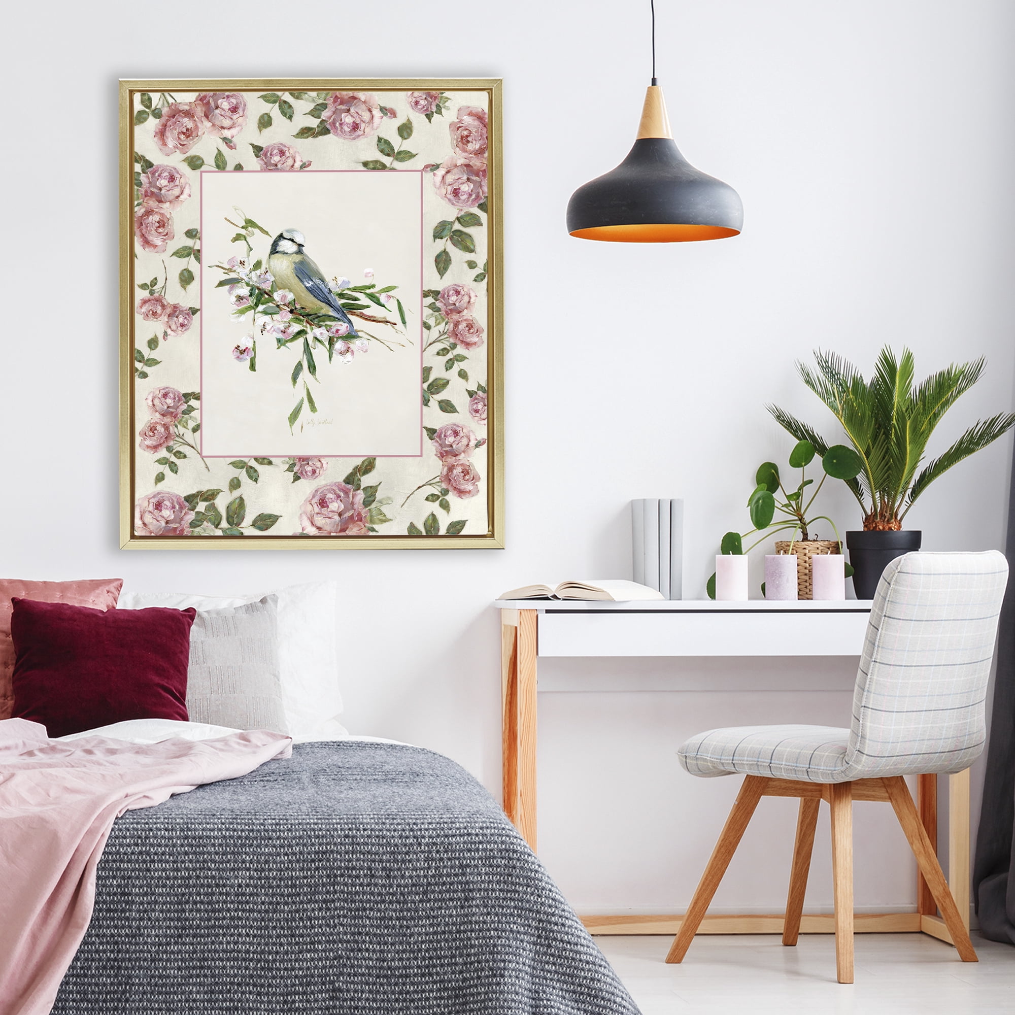 Stupell Industries Dainty Roses & Perched Bird Gold Framed Floater Canvas Wall Art, design by Sally Swatland