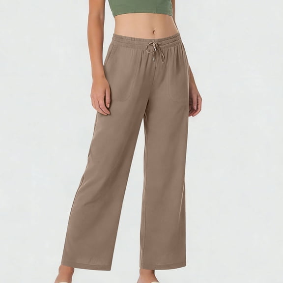MYAOYI Pants for Women no boundarie Cotton Linen Elastic Waist Pants Loose Wide Leg Trousers