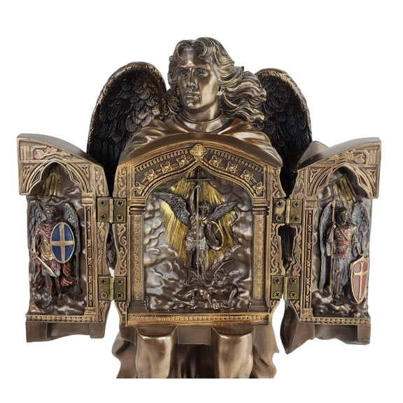 Veronese Design 11 3/8" Tall Cold Cast Resin Antique Bronze Finish Armored Archangel Saint Michael Triptych Statue Figurine