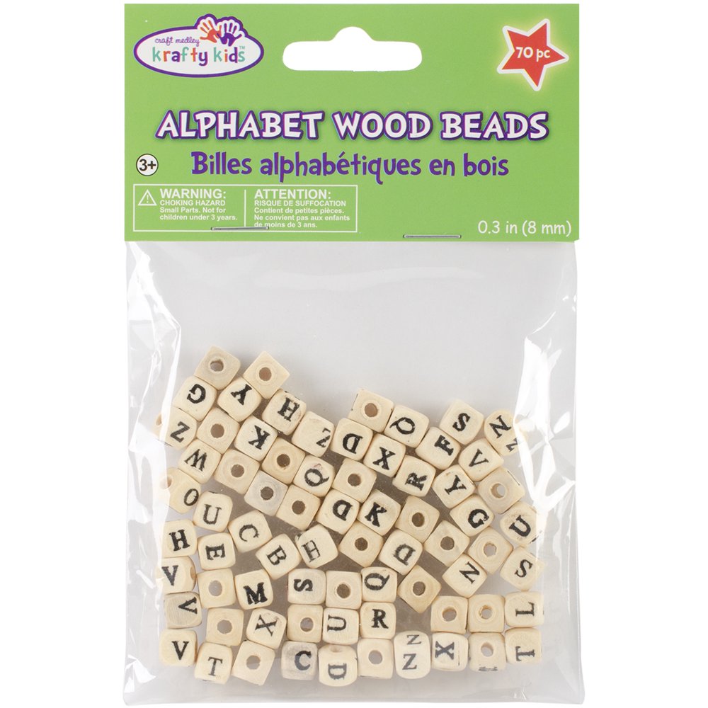 Wood Alphabet Beads, 8mm, 70pk, Assorted Colors