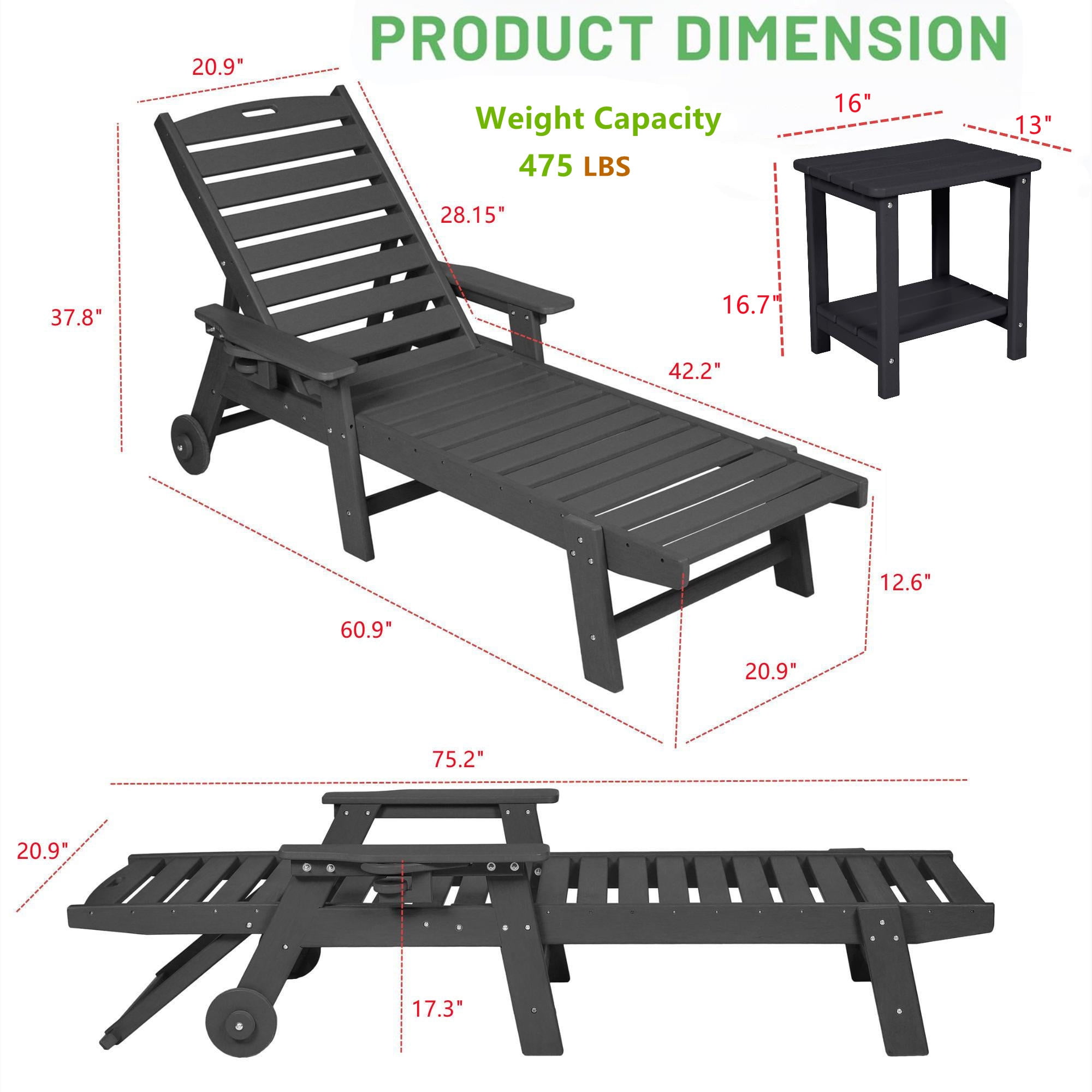Aukfa 3 Pcs Outdoor Patio Chaise Lounge w/ Coffee Table&Cup Holder, Adjustable Backrest, HDPE, Black