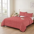 thumbnail image 2 of Twin XL Quilt Set 68''x98'', Vintage Coral Red Lightweight Bedspread Coverlet with 2 Pillow Shams, Farmhouse Retro Solid Color Linen Texture Breathable All Season Quilt Bedding for Dorm/Guest Room, 2 of 9